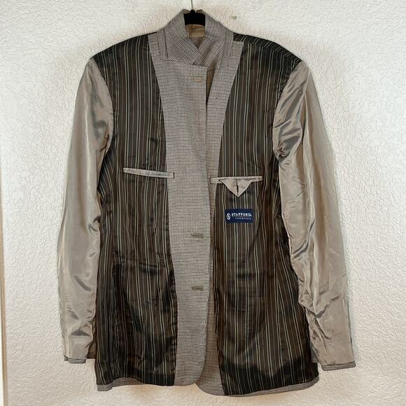 STAFFORD Mens 44L Sport Coat Classic Fit 2 Button Houndstooth Elbow Patches - Picture 7 of 10